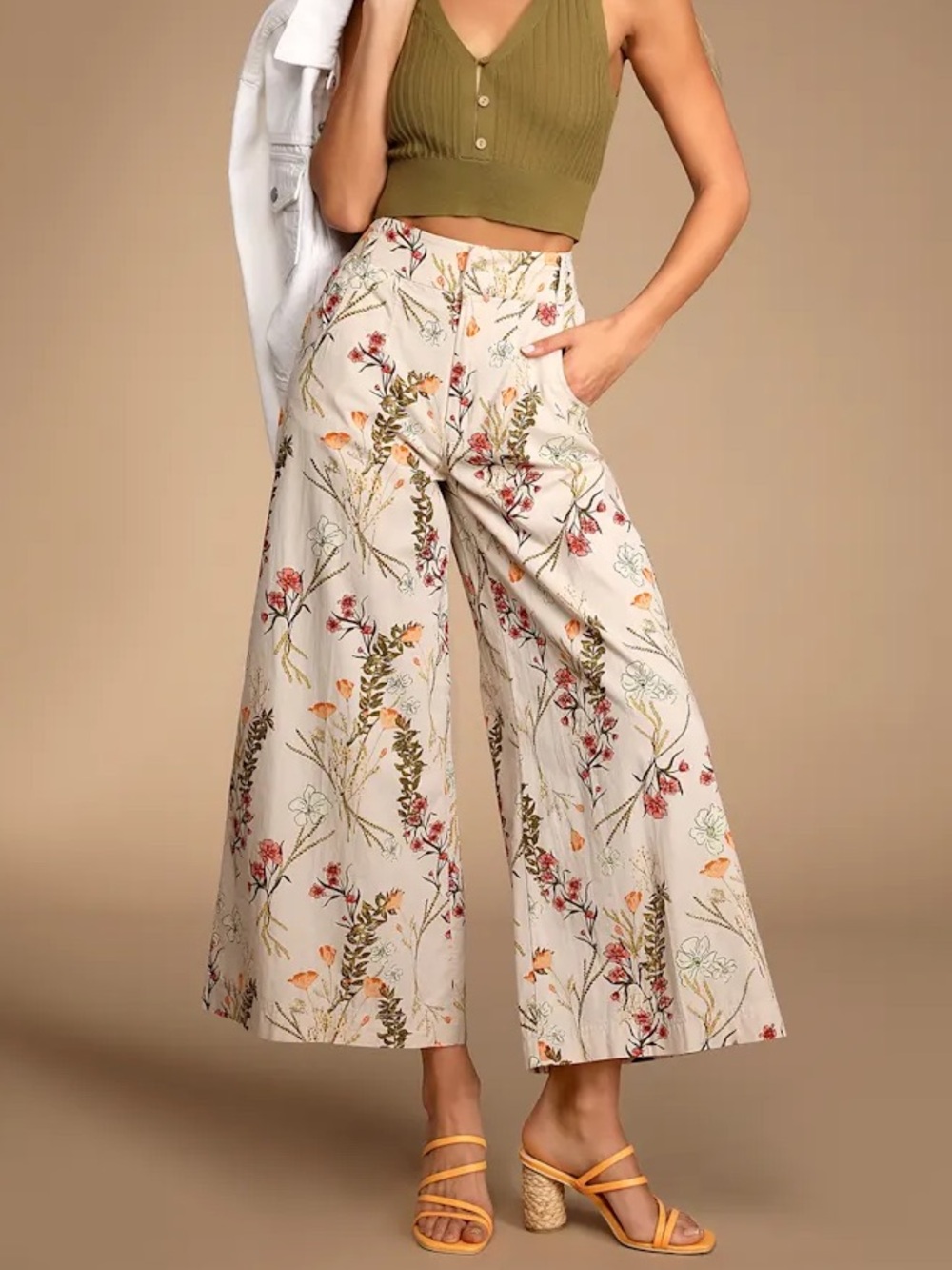 Free People Cream Floral Wide-Leg Crop Pants